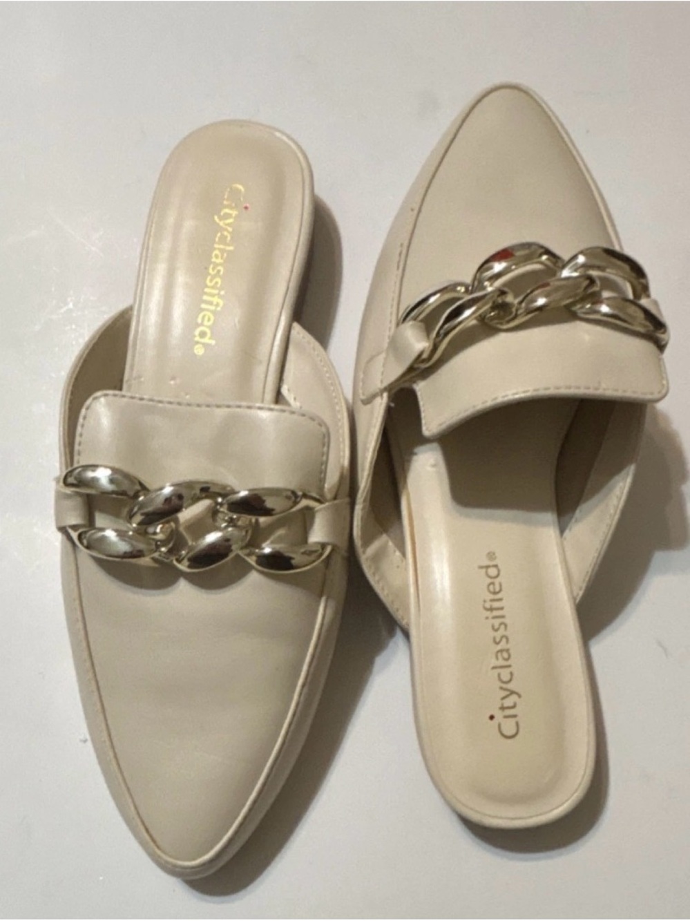Cityclassified Cream Slip-On Mules with Gold Chain Accent